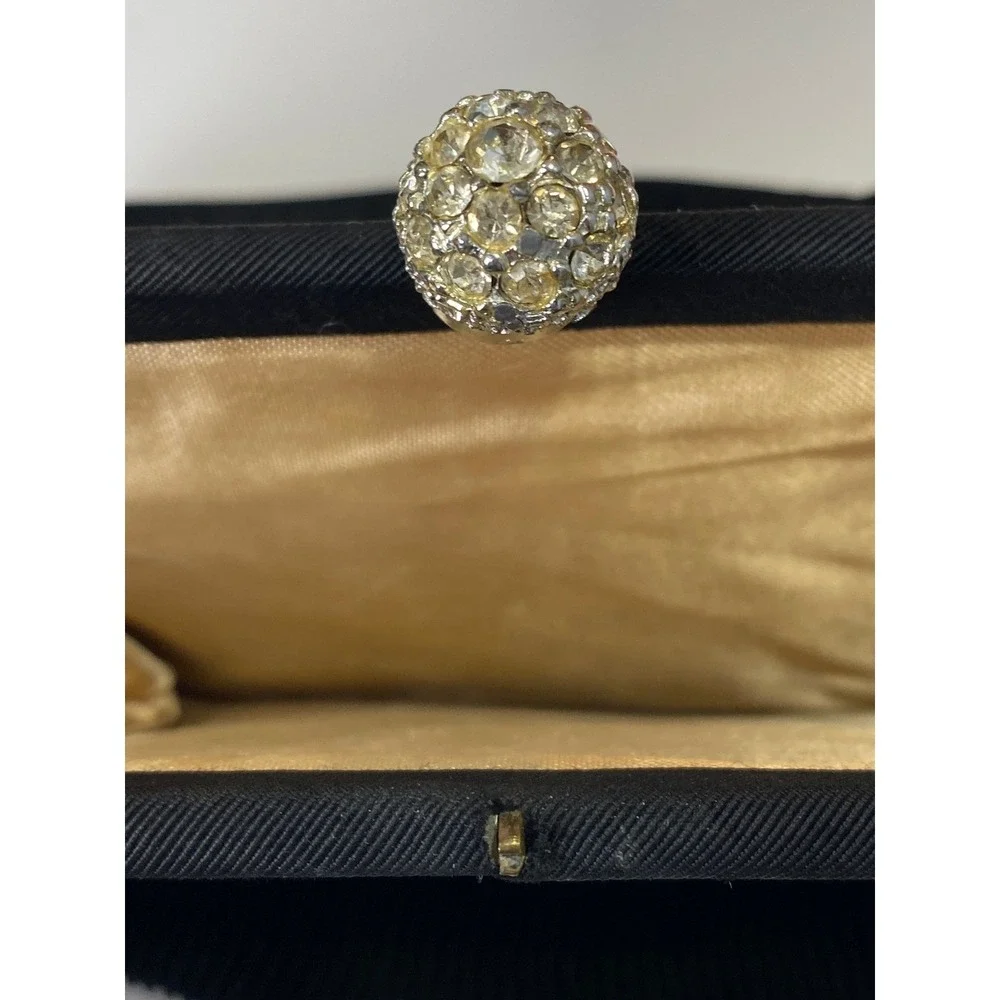 Vintage Black Pleated Clutch Purse Rhinestone Dome Clasp Gold Lining Evening Bag